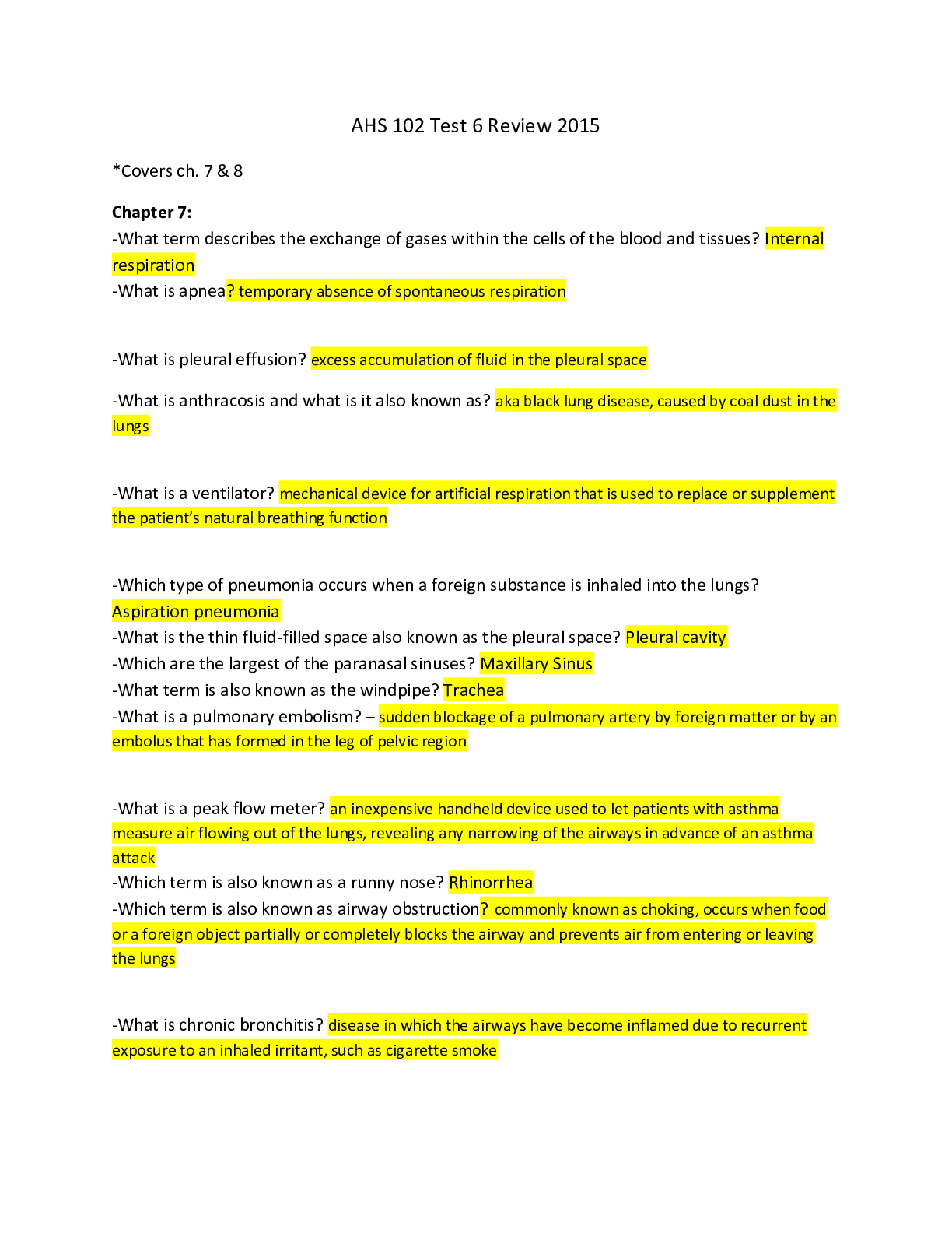 Preview of AHS 102 Test 6 review chapter 7 & 8
